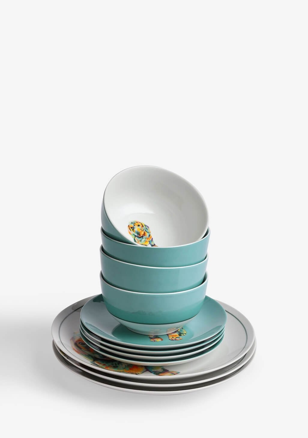 12 Piece Teal Blue Sausage Dog Dinner Set