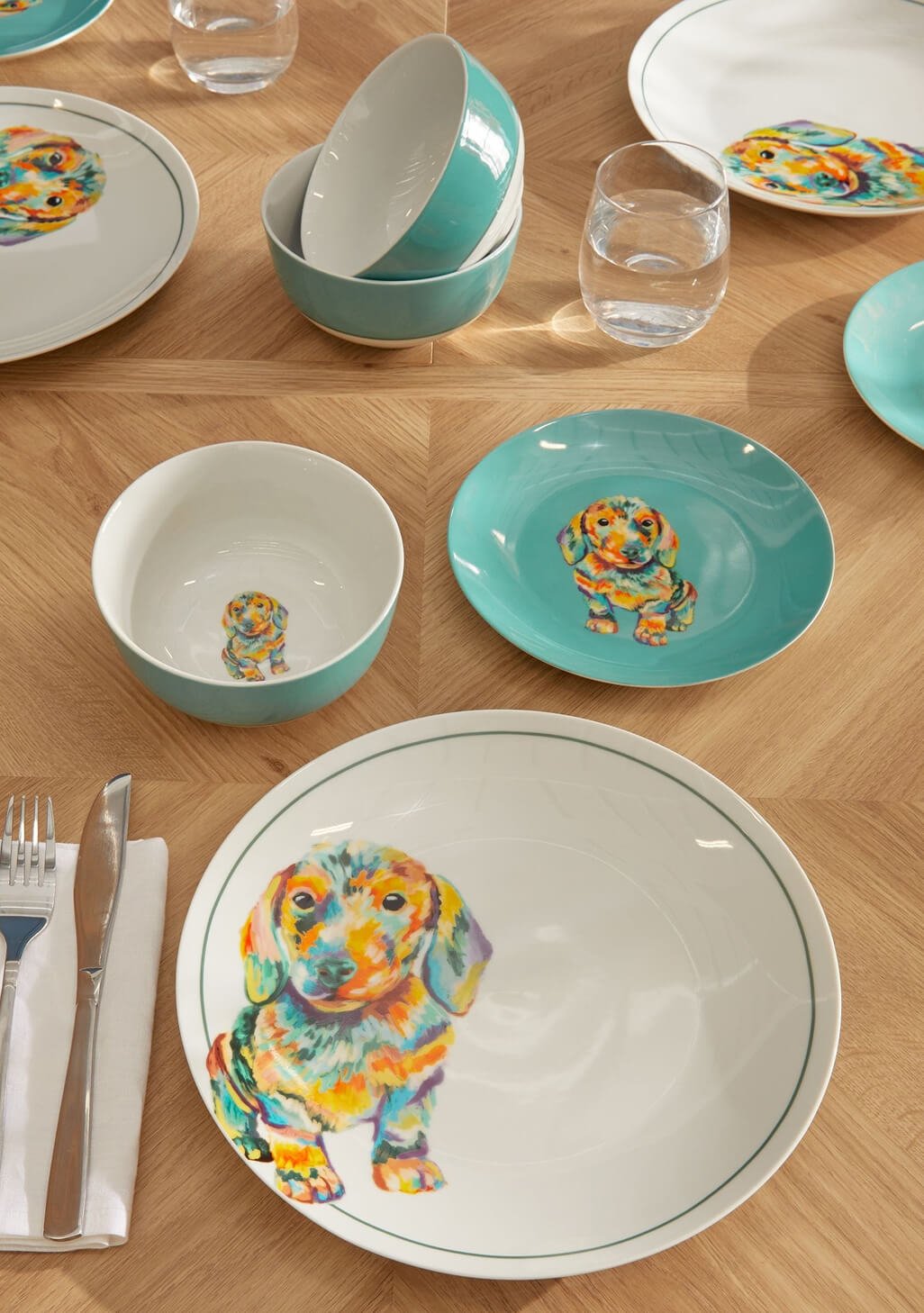 12 Piece Teal Blue Sausage Dog Dinner Set
