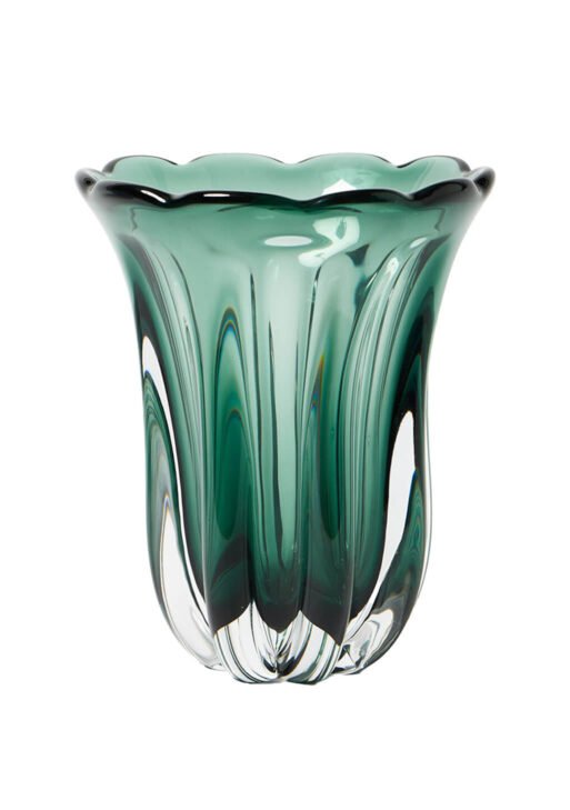Wide Fluted Green Glass Vase